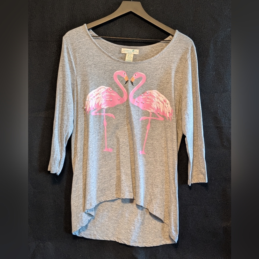 Caribbean Joe Women's Top Tropical Flamingos Petite Large Beach Shirt Great Used